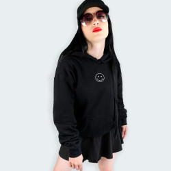 Buzo para mujer con capucha y estampado de CARITA FELIZ en color Negro
