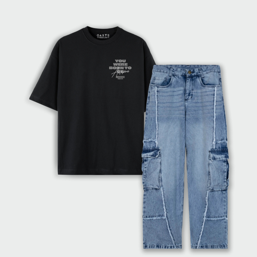 Combo cargo y camiseta oversize estampado