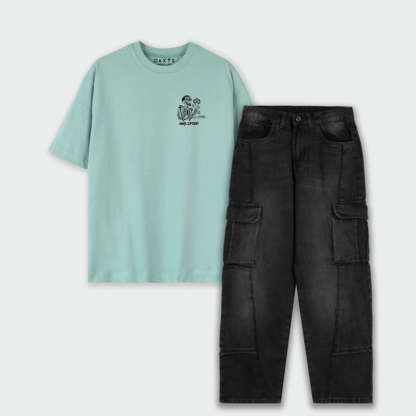 Combo cargo y camiseta oversize estampado